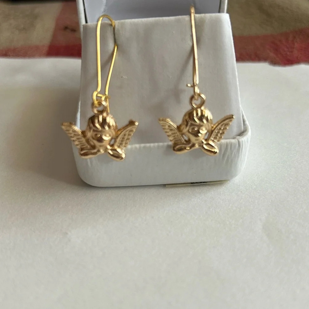 3/$20 Gold Tone Angel Cupid Long Drop Dangling Earrings